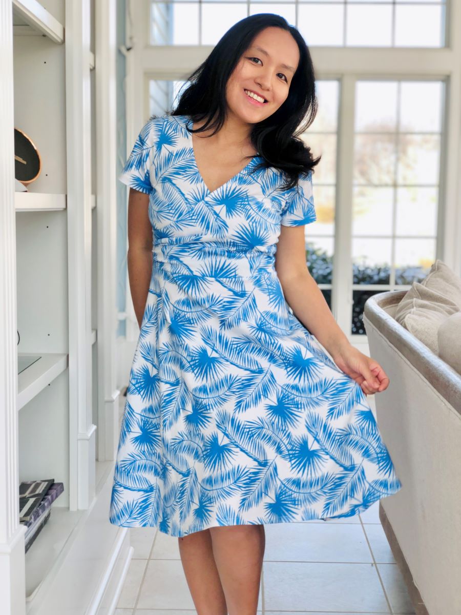 Love Notions Willow Wrap Dress in Azure Tropical Leaf Print by Chloe of No  Idle Hands by Tami Peterson